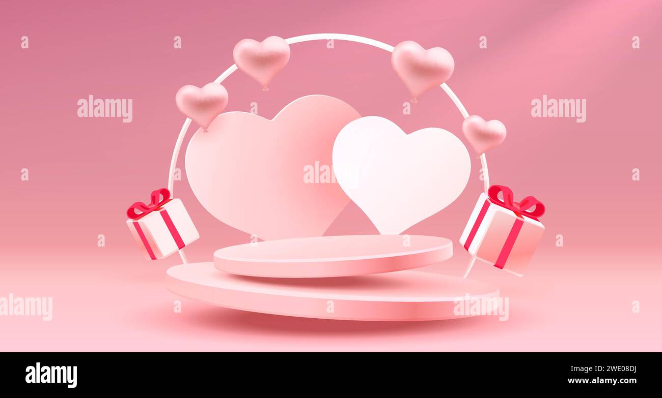 Podium avec coeur et ballons de bonne Saint Valentin, carte de voeux du 14 février. Vecteur. Illustration de Vecteur