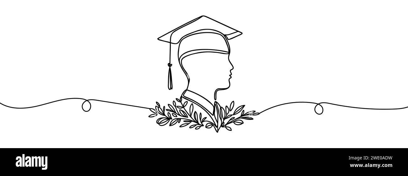 Dessin continu d'une ligne d'un diplômé portant une casquette de diplômé Illustration de Vecteur