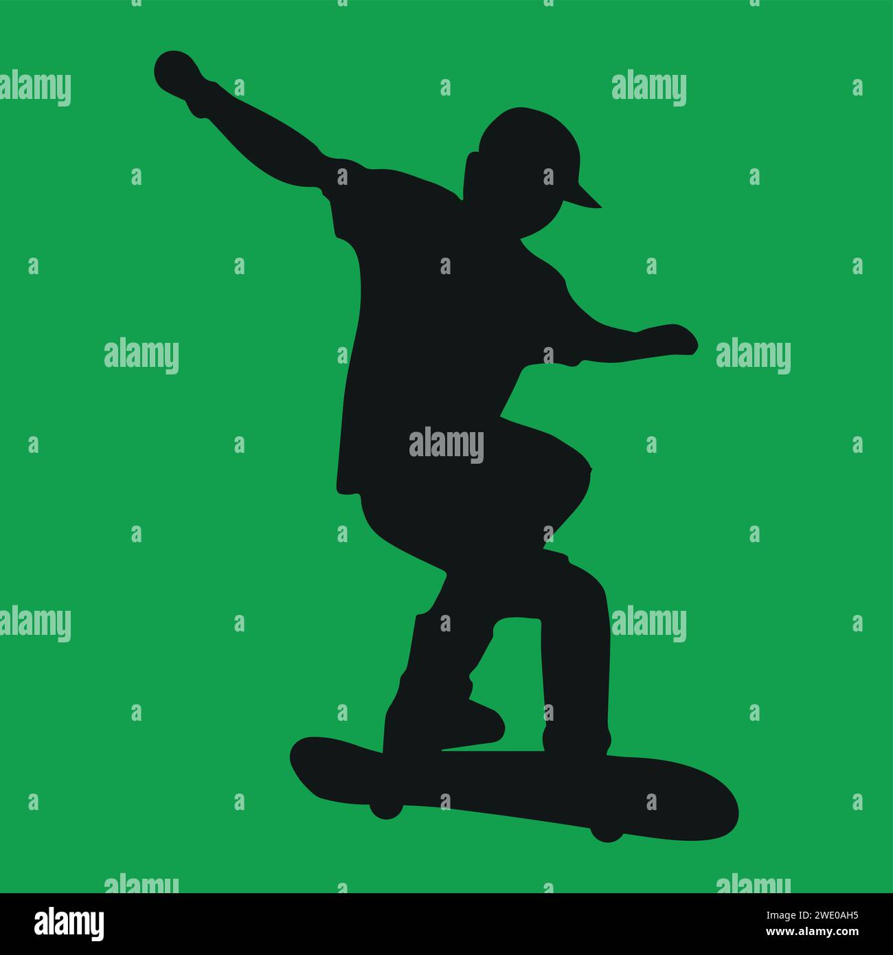 Un skateboarder yung en silhouette noire sur fond vert Illustration de Vecteur