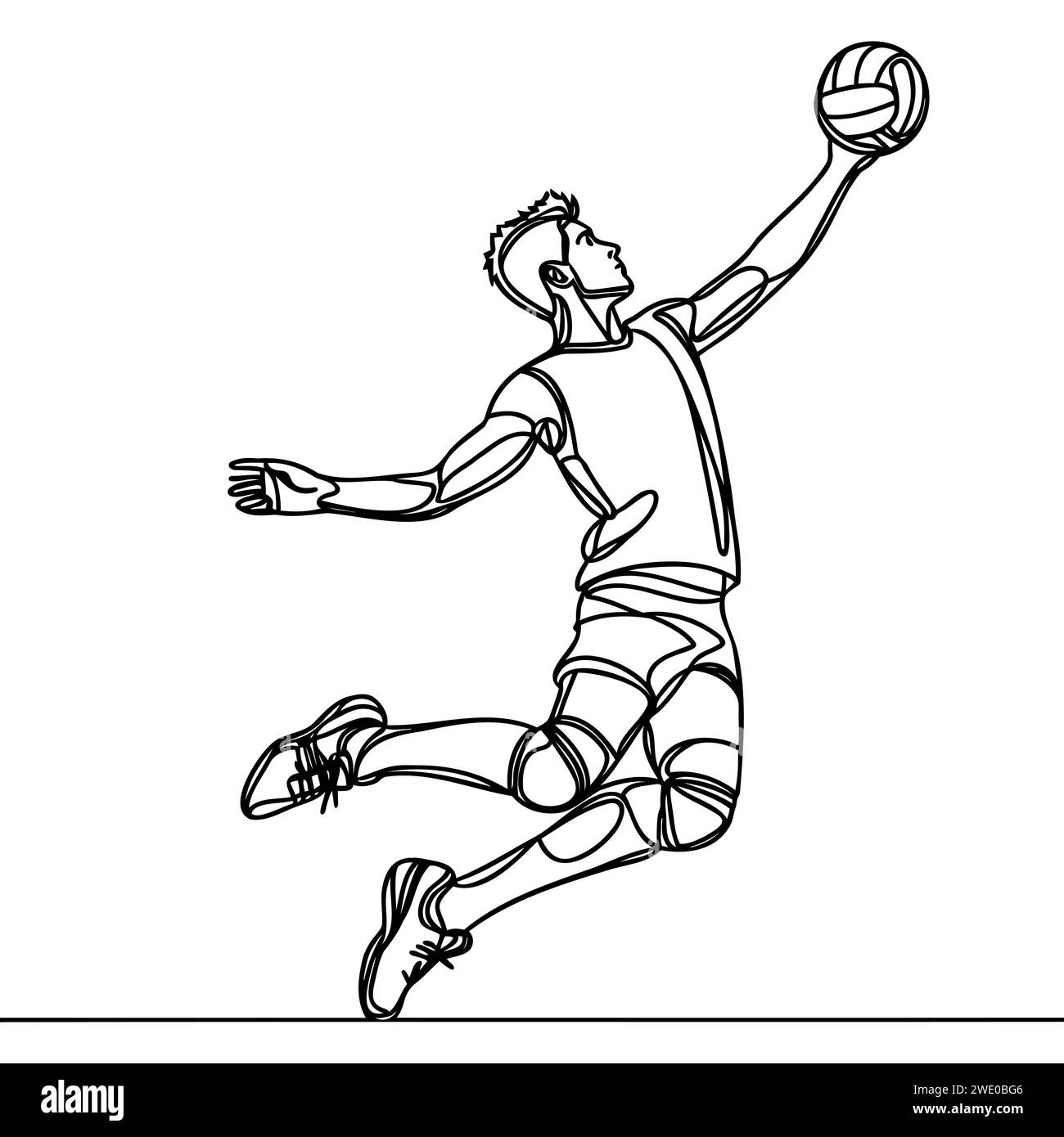 Une ligne continue représente un jeune joueur professionnel de volley-ball en action servant le ballon sur le terrain. Illustration de Vecteur