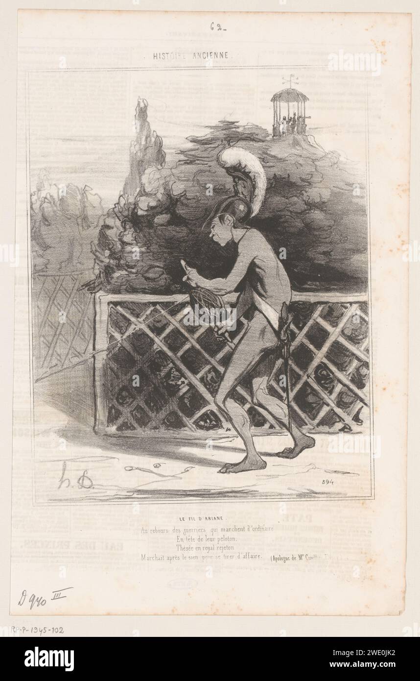 Caricature de Thoseus avec le fil d'Ariane, Honoré Daumier, papier parisien de 1842 Thésée, avec la boule de fil, trouve son chemin dans le labyrinthe. caricatures (types humains) Banque D'Images