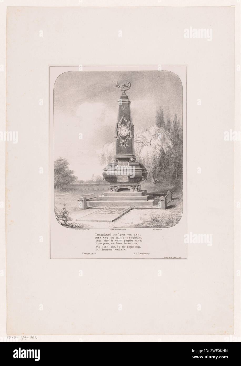 Grafhard Heinrich van Senden in Zwolle, Antoine Franciscus Cornelis Hoffmann, d'après Wilhelmus Cornelis Chimaer van Oudendorp, en 1854 ou avant 1859 l'impression sur la tombe est un obélisque avec un portrait dans un médaillon dessus. Une lampe à huile brûlante sur le dessus de l'obélisque. Sous l'image un poème de six lignes de F. F. C. Steinmetz. Imprimeur : Netherlandsafter design by : Netherlandsprinter : Zwollepublisher : Zwolle paper. tombe, tombe. obélisque, aiguille. lampe à huile (+ allumer une lumière ; allumé, lumière allumée, lampe, bougie) Banque D'Images