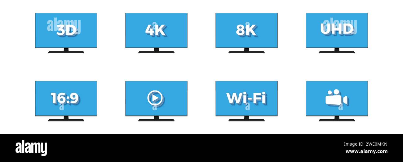 Icônes TV. Technologie 3D pour la maison. Télévision numérique noire avec Internet wi-fi ou application vidéo. Enseignes en ligne. Ecran plasma. Dispositif électronique multimédia. Affichage du moniteur. EQUIPEMENT multimédia isolé par vecteur Illustration de Vecteur