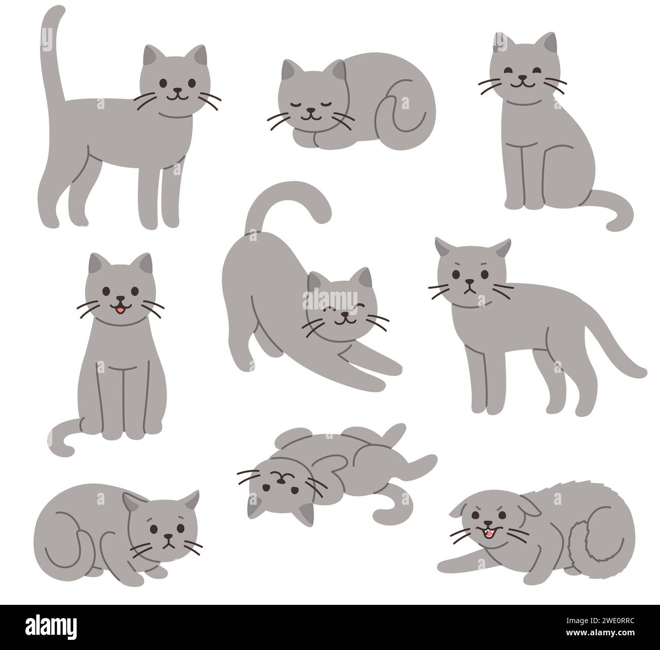 Ensemble de chat de dessin animé avec différentes poses et émotions. Comportement du chat, langage corporel et expressions faciales. Illustration de style vectoriel plat mignon simple. Illustration de Vecteur
