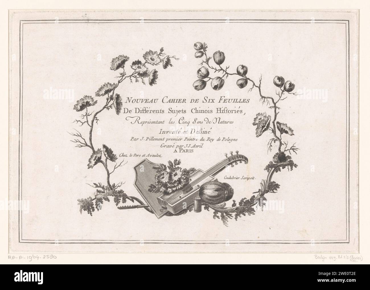 Cadre floral avec instrument, Jean Jacques avril (I), d'après Jean Baptiste pillement, 1773 imprimer autour du titre de la série un cadre avec des fleurs, des fruits et un instrument à cordes. Ornements de gravure papier Paris  art (+ décorations d'encadrement). instruments à cordes (plumés) Banque D'Images