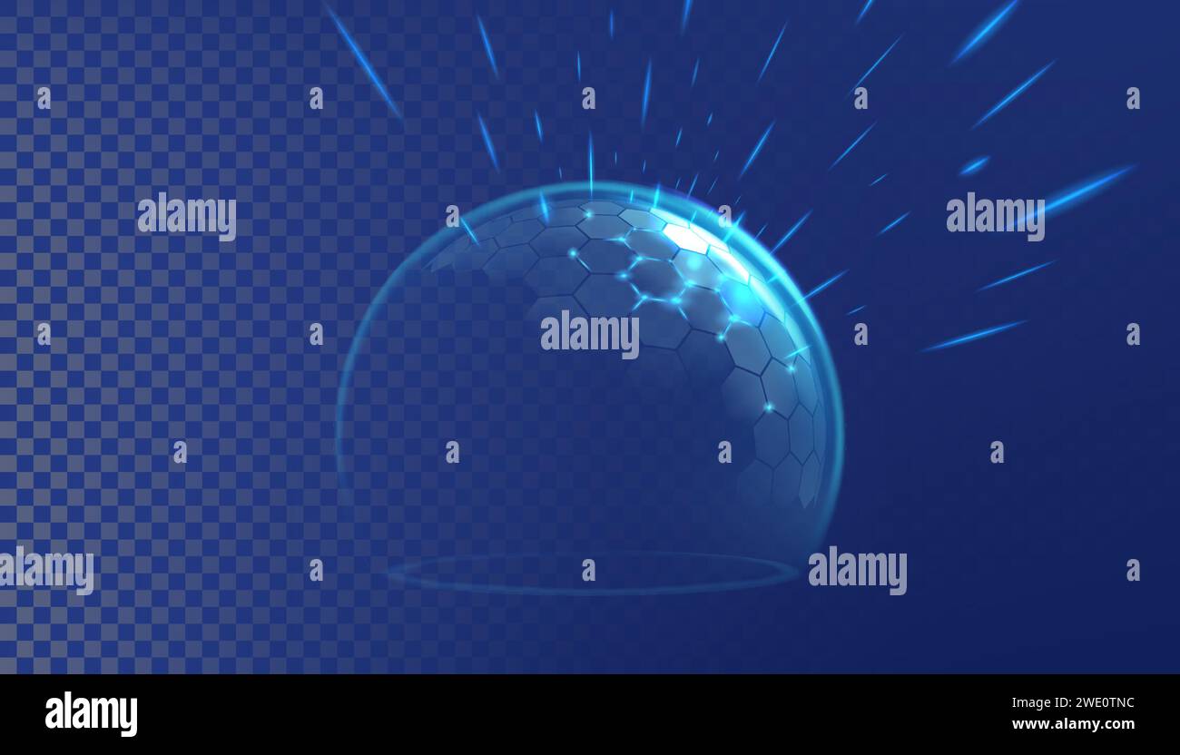 Protection contre les bulles. Protégez la sphère du dôme lumineux. Barrière circulaire hexagonale avec effet de verre 3D. Fixer le couvercle de la bille. Bordure de protection contre les ultraviolets. Couche de soins médicaux. Orbe étincelant. Fond abstrait vectoriel Illustration de Vecteur
