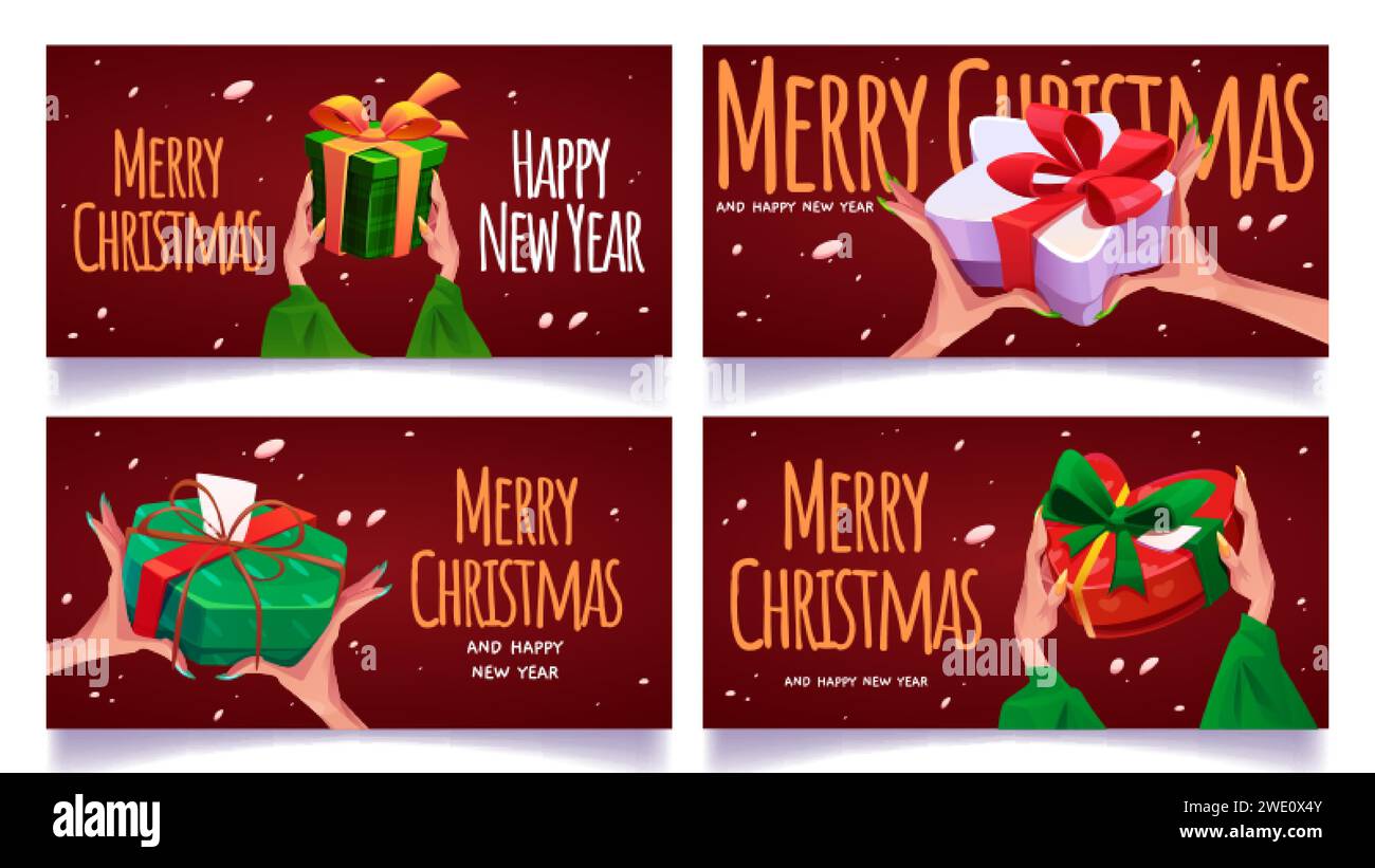 Les affiches de félicitations de Noël et du nouvel an avec les mains des femmes tiennent des boîtes-cadeaux emballées décorées de ruban et d'arc. Bannières de salutation rouges avec presen Illustration de Vecteur