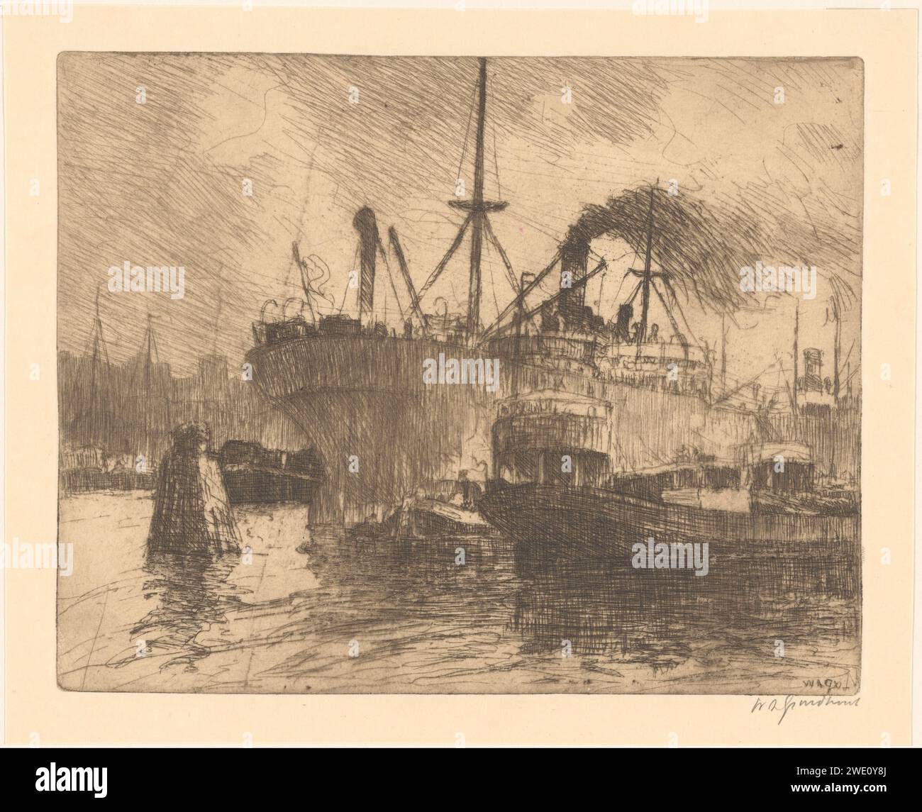 Navires amarrés dans le port de Rotterdam, Willem Adrianus Grondhout, 1888 - 1931 imprimer papier gravure port Rotterdam Banque D'Images