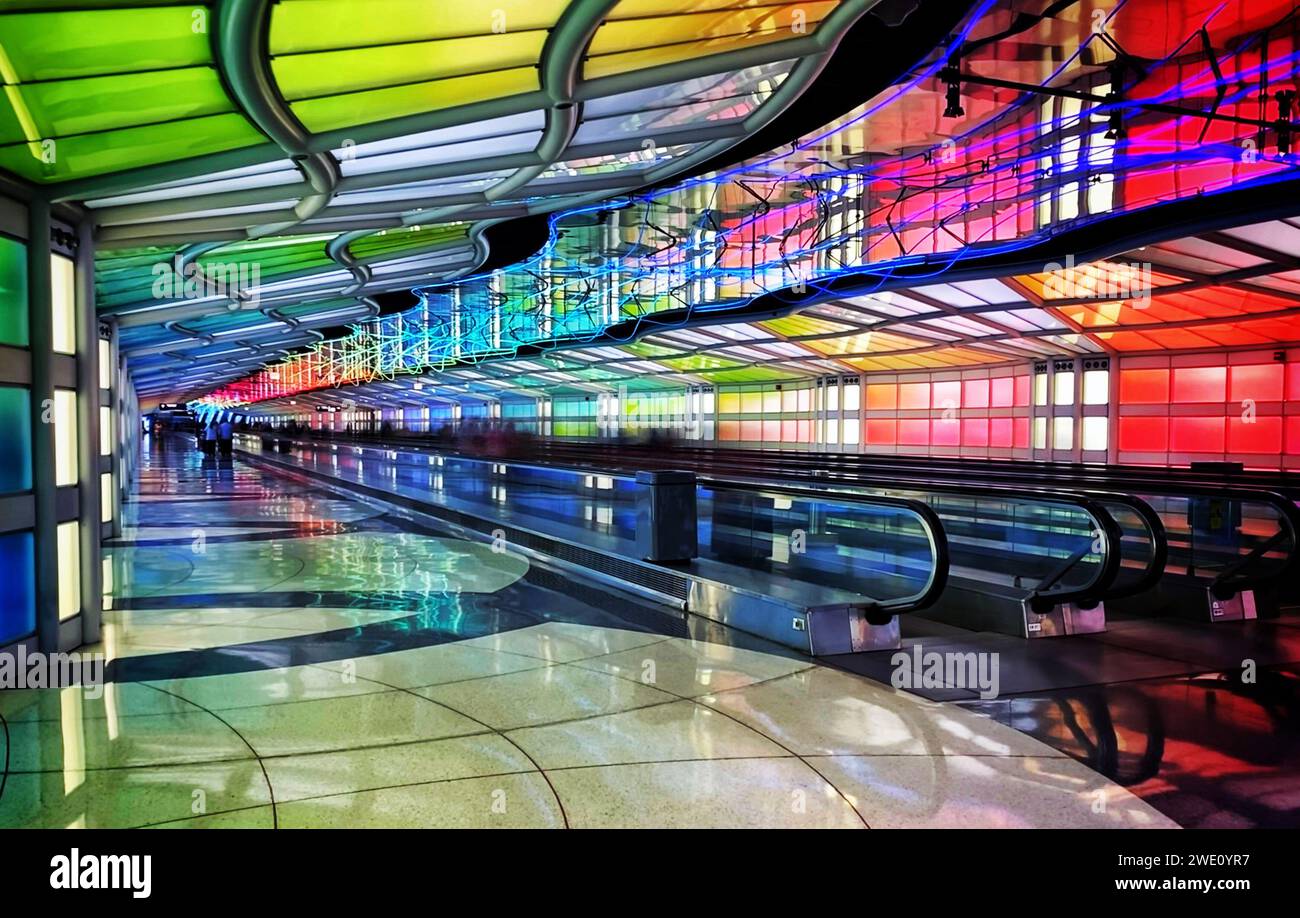 Le tunnel au néon de l'aéroport international de Chicago O'Hare Banque D'Images