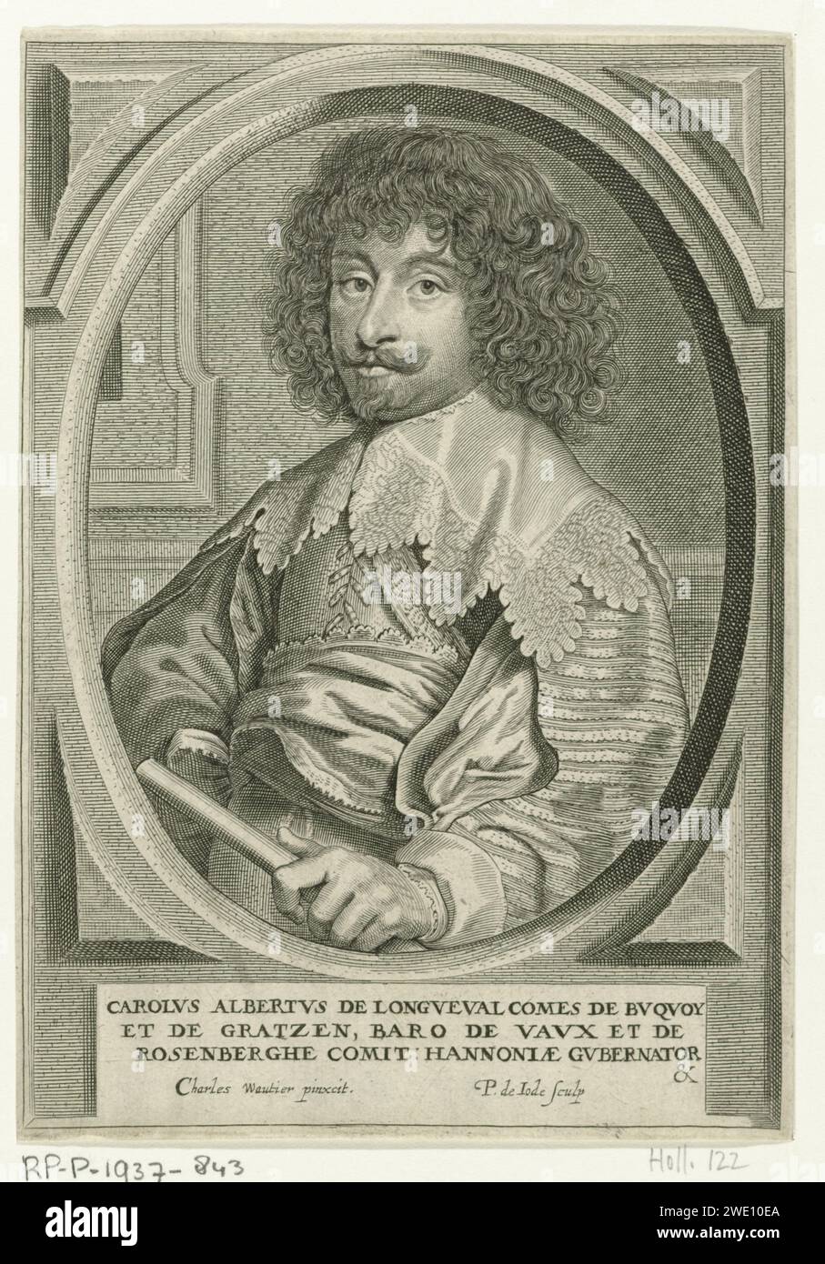 Portrait de Karel Albert de Longueval, Pieter de Jode (II), d'après Charles Wautier, 1628 - 1670 tirage Portrait de Karel Albert de Longueval, comte de Bucquoy, Halven Lijve. Il tient un commandosta dans sa main gauche. Le portrait est pris dans un cadre ovale avec périphérique carré. Dans la marge, une légende à trois faces en latin. Anvers gravure sur papier / gravure Banque D'Images