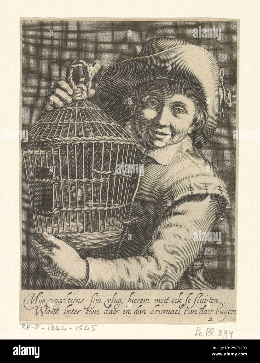 Garçon avec cage à oiseaux, Cornelis Bloemaert (II), d'après Hendrick Bloemaert, c. 1625 imprimer Un garçon souriant tient une cage à oiseaux avec deux oiseaux. Avec légende bidirectionnelle en néerlandais. Utrecht gravure papier oiseau dans une cage Banque D'Images