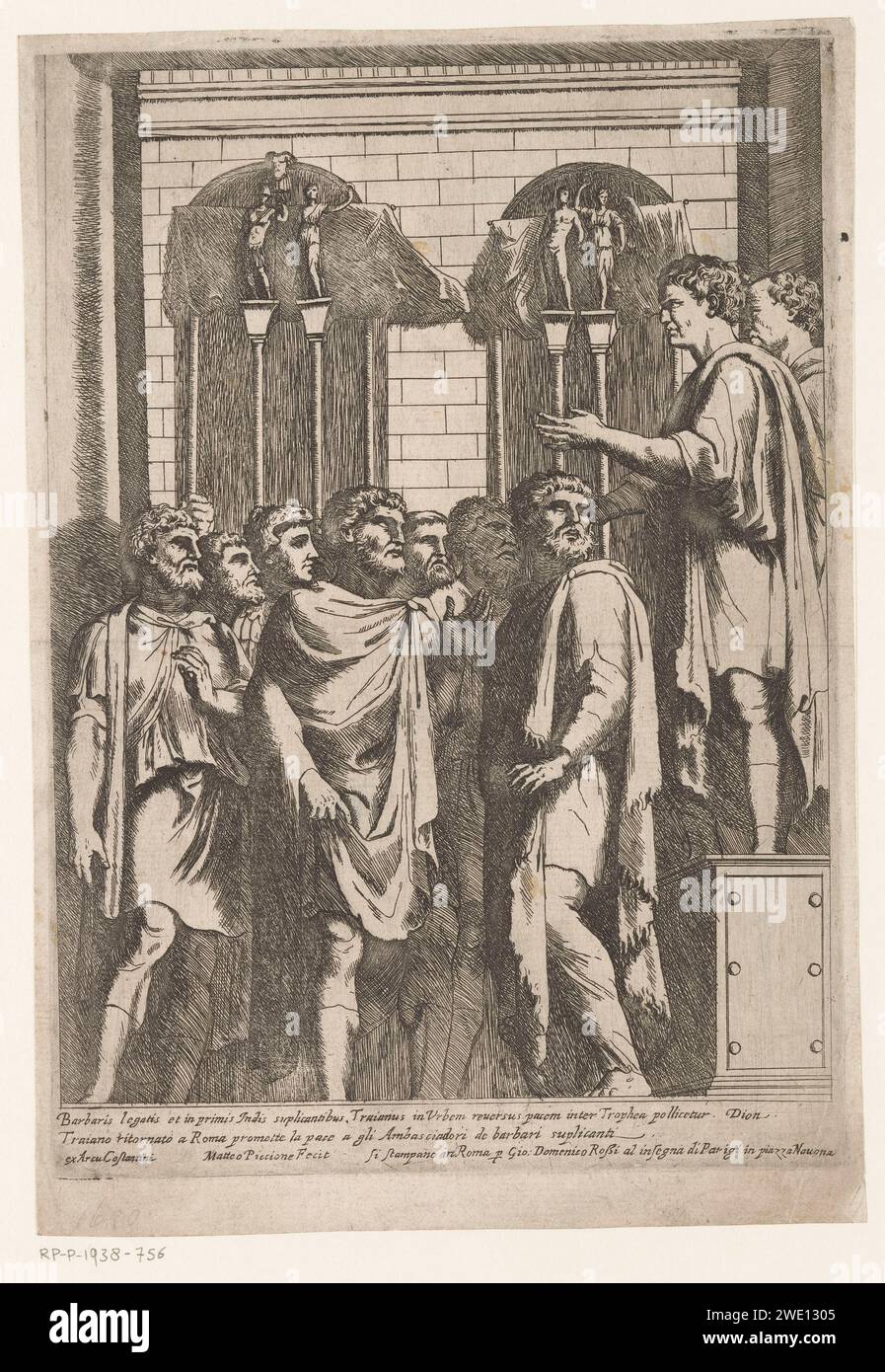 Trajanus promet la paix, Matteo Piccioni, d'après Anonymous, c. 1625 - 1671 imprimer l'empereur romain Trajan est revenu à Rome et promet la paix à un groupe d'envoyés des barbares. Dans la marge inférieure une règle de texte en latin et une règle de texte en italien. Imprimeur : ItaliePublisher : Romeafter sculpture par : Rome papier gravure morceau de sculpture, reproduction d'un morceau de sculpture. paix Banque D'Images