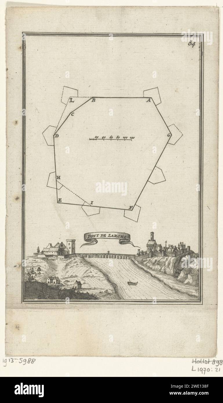 Illustration pour 'le travail de Mars' par Allain Manesson Mallet, Romeyn de Hooghe, 1672 imprimer Plan d'étage pour une forteresse, un fort ou un renforcement. En dessous, un visage sur une commune sur les deux rives d'une rivière et le pont qui relie les deux côtés (Pont-de-l'Arche). Dans le coin en haut à droite le numéro 84 (= le numéro de la page dans le livre par contre l'illustration a été placée). Amsterdam gravure de papier fortifications, génie militaire. mathématiques. rivière. perspective de ville, panorama de ville, silhouette de ville. pont en ville à travers la rivière, canal, etc Pont-de-l'Arche Banque D'Images