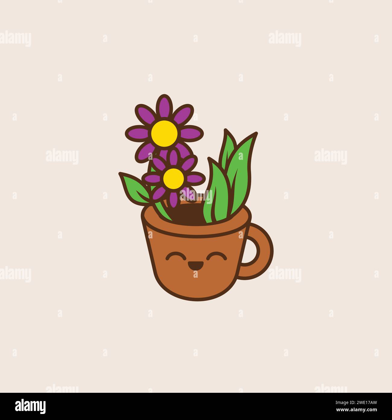 Un logo mascotte représentant un pot de fleurs mignon et cartoony souriant joyeusement. Illustration de Vecteur