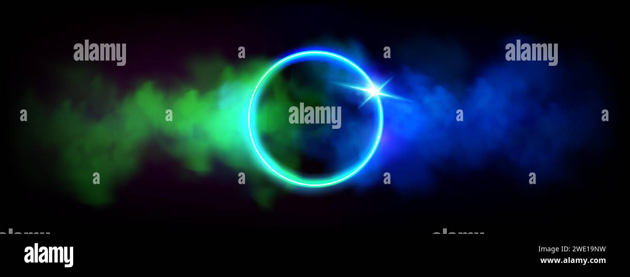 Cadre annulaire lumineux néon avec nuage dégradé bleu et vert ou fumée et éclat. Cercle lumineux à vecteur réaliste avec brouillard brillant sur fond sombre Illustration de Vecteur