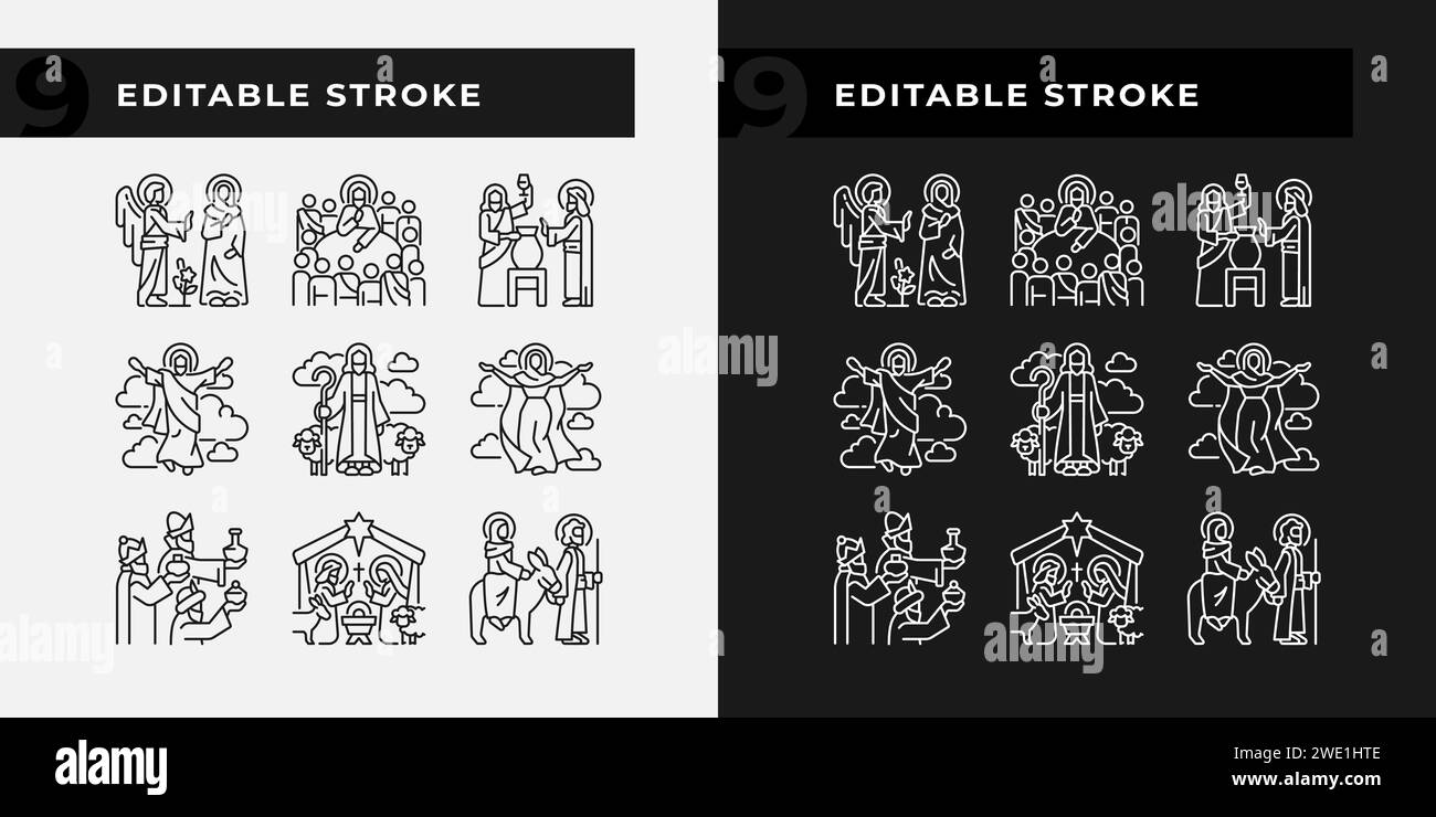 Icônes linéaires de scènes bibliques définies pour le mode sombre et clair Illustration de Vecteur