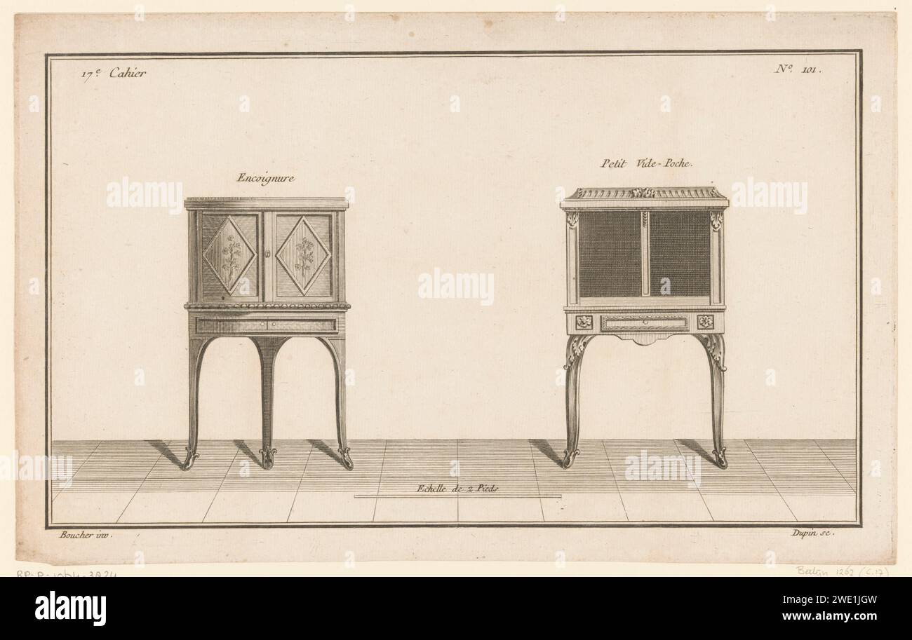 Hoekkast dans une poche vide, Nicolas Dupin, d'après Nathan François Boucher, 1772 - 1779 imprime à gauche un meuble d'angle orné à motif floral, à droite une poche vide ornée. Impression numéro 101. Placard ornemental de gravure / gravure de papier Paris. fleurs  ornement. meubles pour mettre des choses sur Banque D'Images
