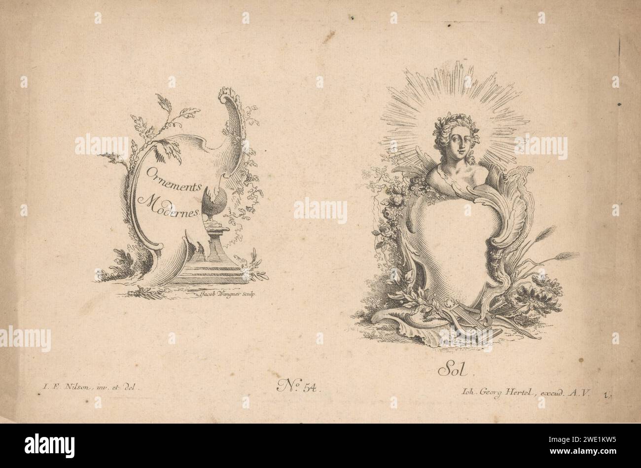 Sol, Jakob Wangner, d'après Johann Esaias Nilson, 1731 - 1775 imprimer deux cartouches de rocaille. Gauche avec titre de série et piédestal avec forme ronde. Droite avec buste du sol de dieu avec couronne de jet, un treuil et arc et flèche. Numéro de publication 54. Augsbourg gravure papier / gravure Ornament  cartouche. Apollon comme dieu-soleil, C'EST-À-DIRE sol (Helius), Titan Banque D'Images