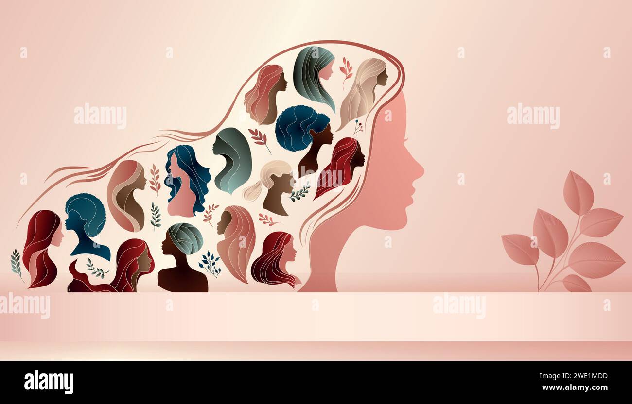 Silhouette de profil d'une femme avec des silhouettes de femmes multiculturelles à l'intérieur, représentant une femme amplifiant les voix d'autres femmes. Bannière Illustration de Vecteur