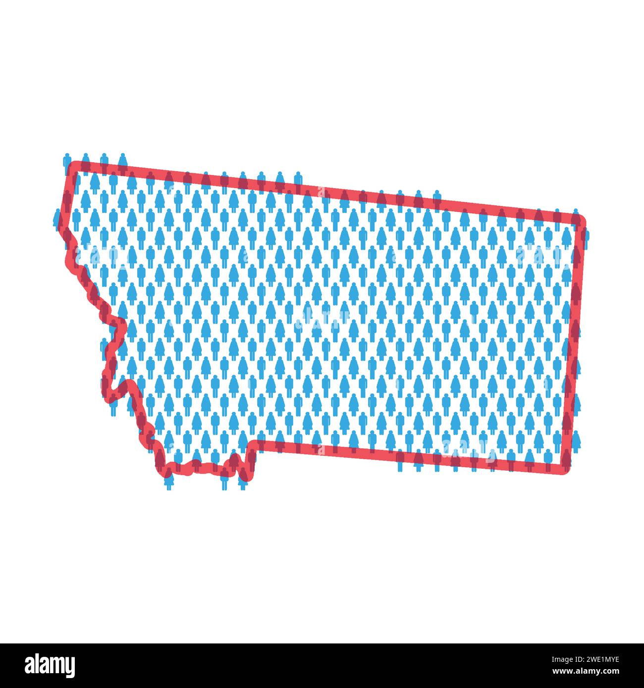 Carte de la population du Montana. Figurines bâton carte des personnes avec bordure rouge translucide gras de l'état. Modèle d'icônes hommes et femmes. Illustration vectorielle isolée. Illustration de Vecteur