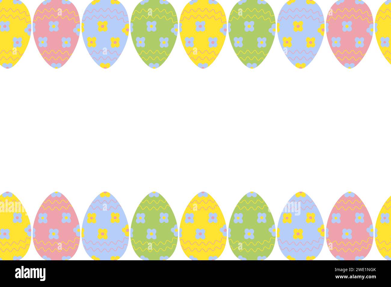 Cadre sans couture avec bordure supérieure et inférieure d'œufs de Pâques peints colorés dans des tons lumineux à la mode. CopySpace. Isoler. EPS. Conception de vecteur pour voeux de Pâques, carte, affiche, bannière, promo ou web, étiquette Illustration de Vecteur