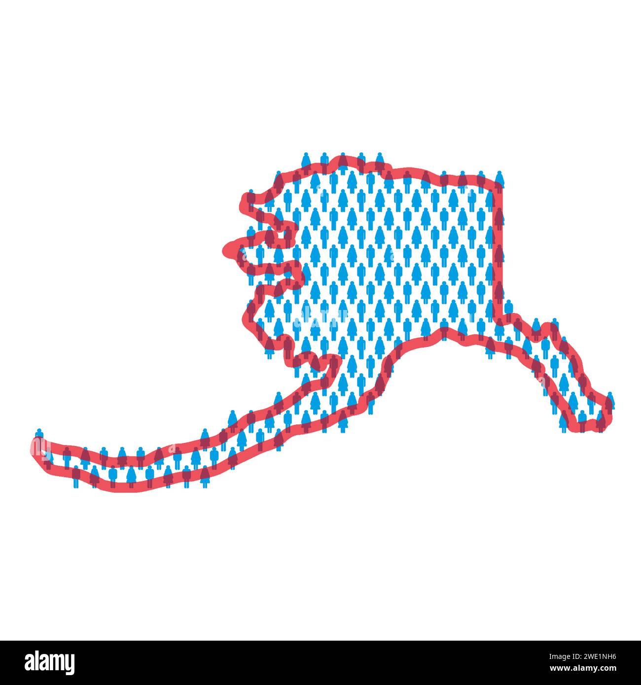 Carte de la population de l'Alaska. Figurines bâton carte des personnes avec bordure rouge translucide gras de l'état. Modèle d'icônes hommes et femmes. Illustration vectorielle isolée. Illustration de Vecteur