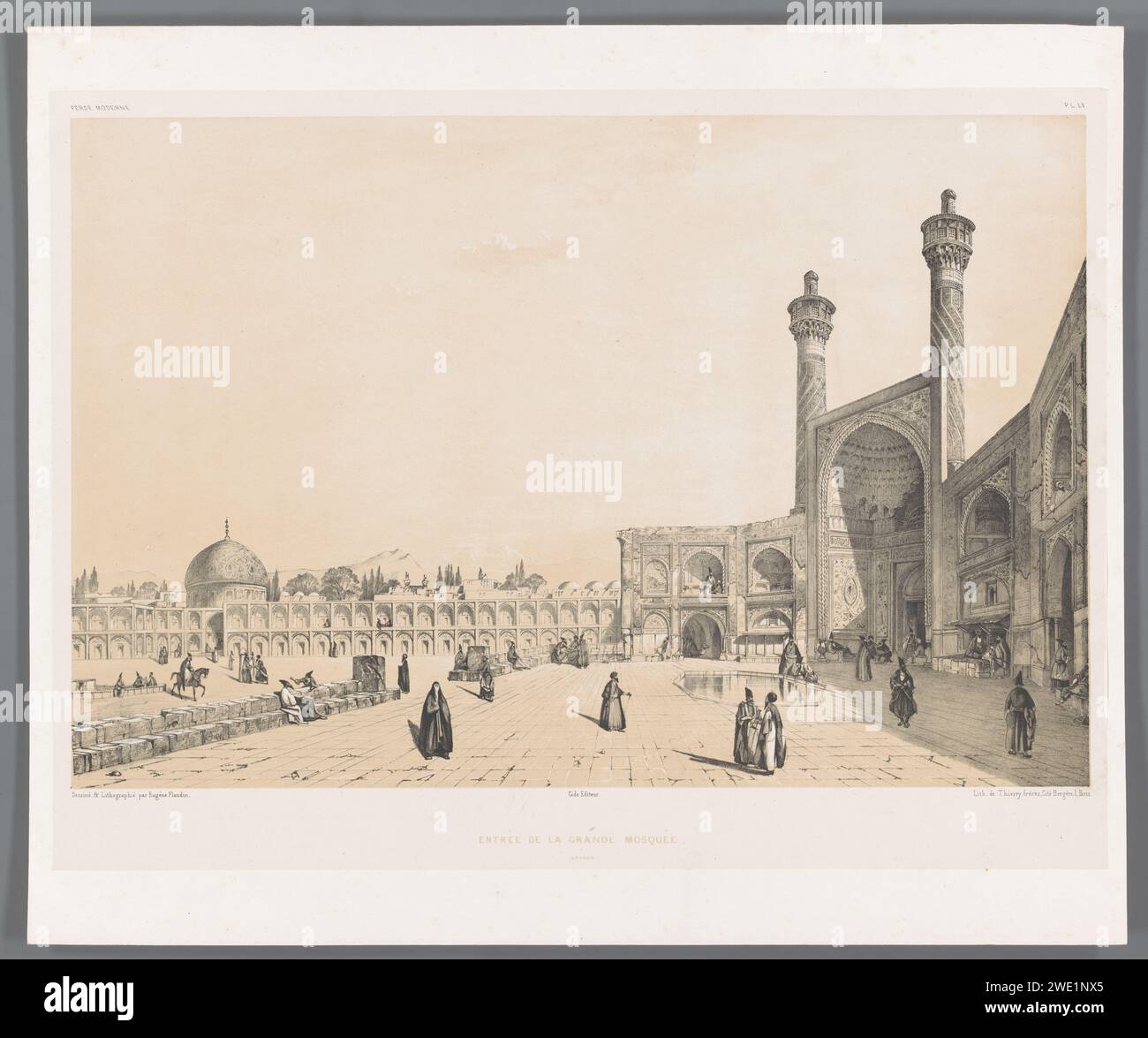 Entrée de la mosquée du vendredi d'Ispahan, Eugène Flandin, 1843 - 1854 imprimer vue de l'Iwan sud de la mosquée Masjed-e Jamé. Au-dessus de l'image le titre de la série, en haut à droite le numéro de plaque 'PL. LV'. Papier de Paris. temple, sanctuaire  Islam, Mohammedanism. Courtyard Isfahan Banque D'Images