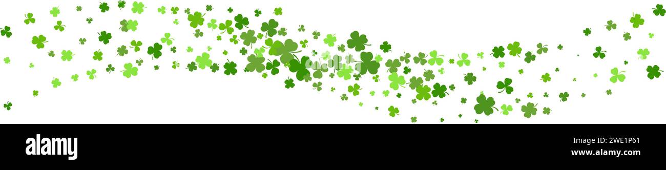 St. Patrick Day shamrock trèfle fond. Bordure vectorielle ondulée avec des feuilles vertes volantes pour les bannières d'affiches et les cartes de voeux. Illustration de Vecteur