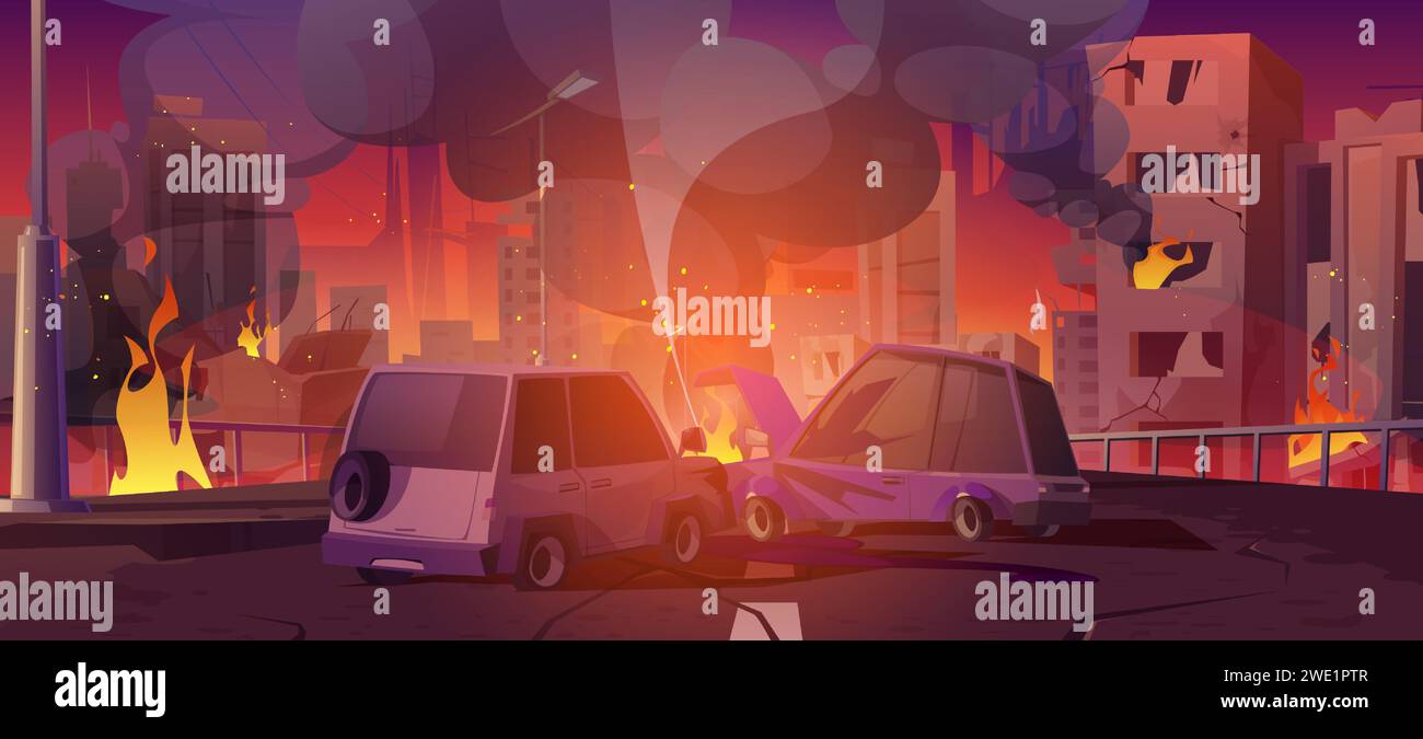 Accident de voiture dans la rue de la ville à la guerre. Illustration de dessin animé vectoriel d'automobiles en collision brûlant sur la route, flamme de feu et fumée dans les fenêtres des bâtiments endommagés, bombardement après l'attaque, ville détruite Illustration de Vecteur