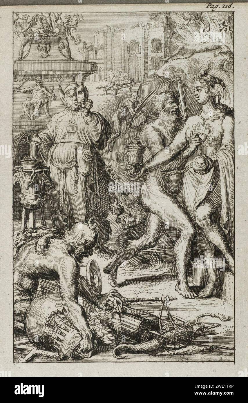 Allegorische voorstelling met o.a. Vader Tijd (Chronos) en Bedrog (Fraus) in de persoon van een koning Midas-achtige figuur met ezelsoren en een masker voor zijn ware gezicht. Banque D'Images