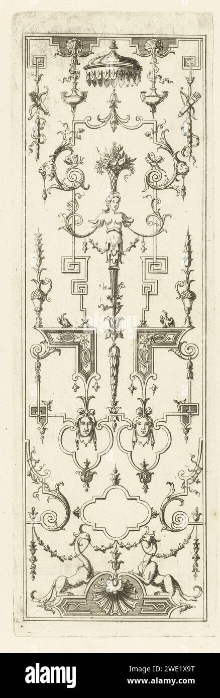 Grotesken moderne avec Herme femelle, Jeremias Wolf, d'après Jean Berain (le Vieux), après 1673 - avant 1724 imprimer l'Herme porte un panier avec des fruits et des feuilles sur la tête. Imprimeur : Augsburgafter design by : France (possiblement)éditeur : Augsburg paper graving Banque D'Images