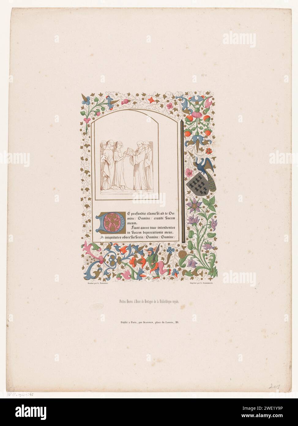 Livre ventilation avec motif floral autour d'un groupe de moines et de femmes avec texte latin, anonyme, gabriel toudouze, c. 1829 - c. 1854 imprimer Un groupe de quatre femmes remet un livre à trois moines. En dessous, un texte latin de six lignes. Encadrée par une bordure décorative avec motif floral, un paon avec un bouclier et un faune. Numéroté en haut à droite : pl. V. après dessin par : Franceéditeur : peinture sur papier de Paris (y compris enluminure de livre, peinture miniature). entrelacement floral  ornement. Oiseaux d'ornement : paon - FF - animaux fabuleux (parfois appelés à tort 'grotesques') ; 'Mostri' (Ripa). satyres Banque D'Images