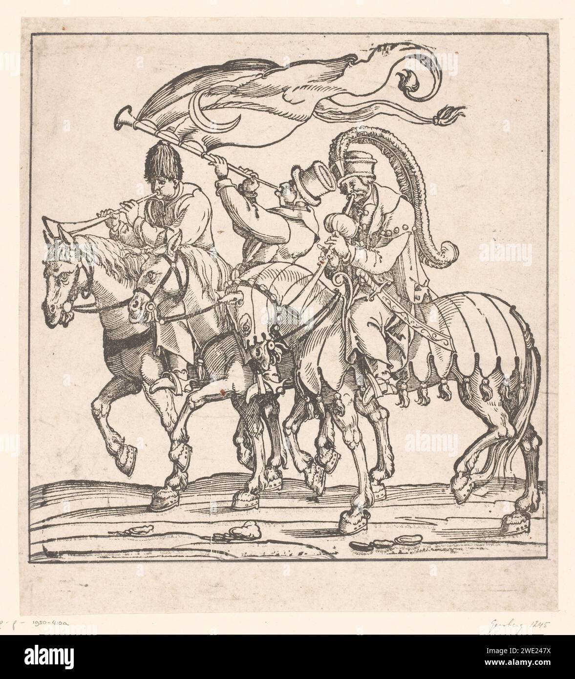 Trois musiciens turcs à cheval, Anonyme, d'après Jan Swart van Groningen, 1530 papier imprimé races et peuples asiatiques : Turcs. défilé militaire, concours Banque D'Images
