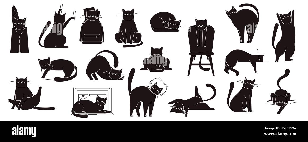 Pose de chat noir. Mignon chat assis et marchant, chats domestiques moelleux drôles dans différentes poses et positions. Ensemble isolé de chats de dessin animé vectoriel Illustration de Vecteur