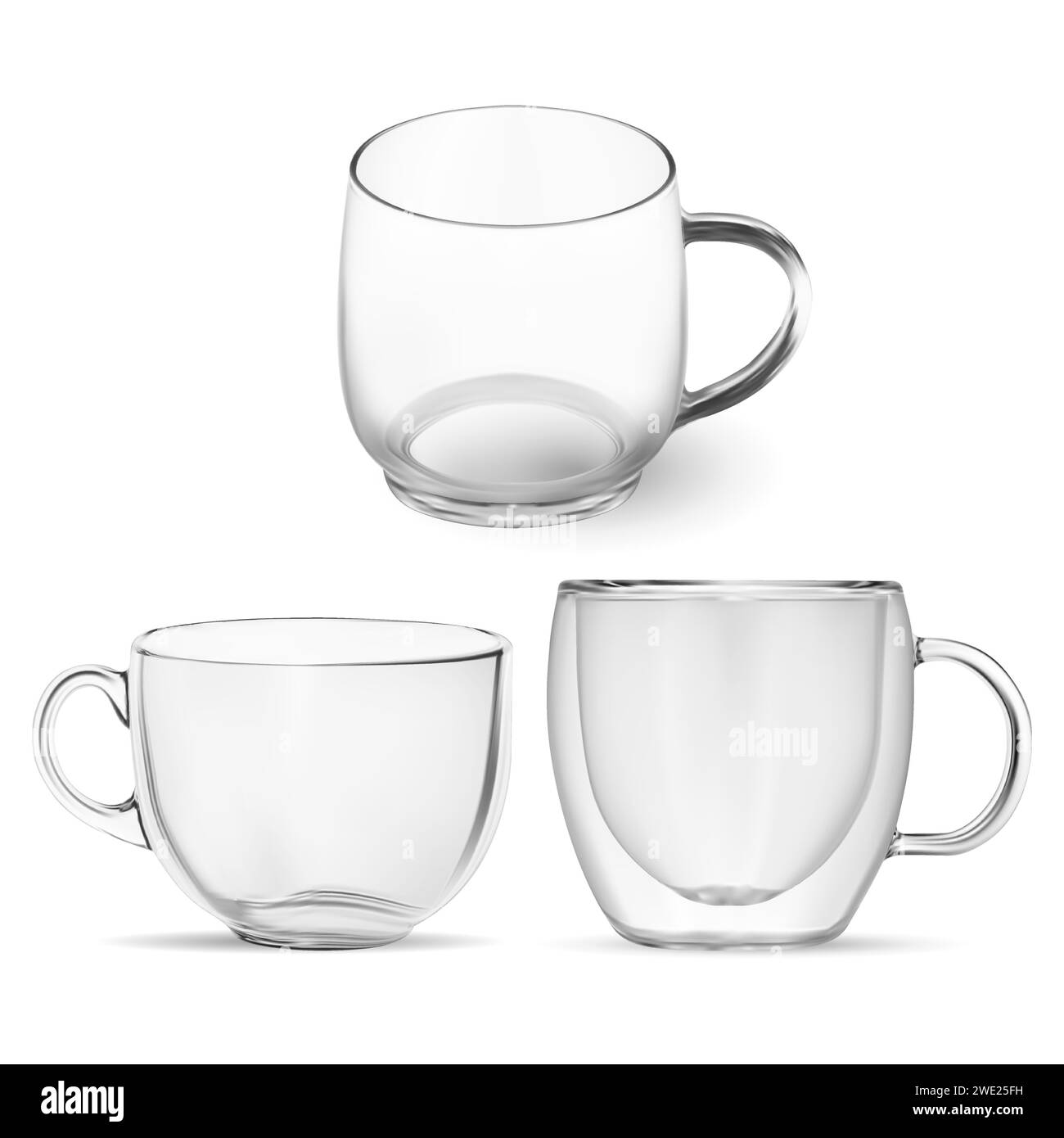 Maquette de tasse à thé en verre. Tasse à café transparente à double paroi, illustration vectorielle 3D. Tasse à cappuccino ou à expresso avec poignée, pot de boisson chaude. Réaliste Illustration de Vecteur