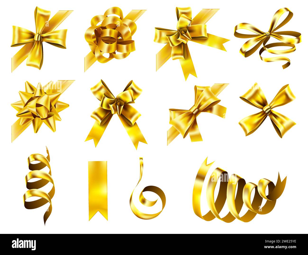 Noeud d'angle décoratif. Ruban Golden Favor, arcs d'angle jaunes et rubans d'or de luxe Illustration de Vecteur