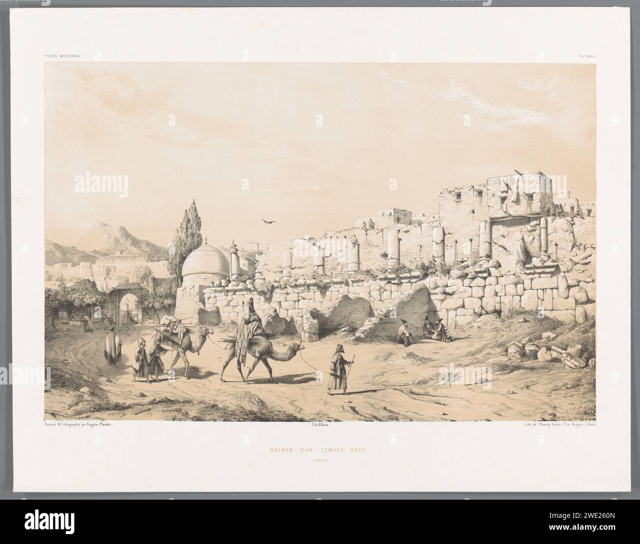 Ruine du temple d'Anahita à Kangavar, Eugène Flandin, 1843 - 1854 imprimer un groupe de personnages avec deux chameaux emballés marche le long d'une rangée de colonnes effondrée, où trois autres personnes sont à l'ombre de la ruine. Dans le bâtiment de fond de la ville. Au-dessus de l'image le titre de la série, en haut à droite le numéro de plaque 'PL. LXXII'. Paysage papier de Paris avec ruines. Ruine d'un bâtiment  architecture Kermanshahan Banque D'Images
