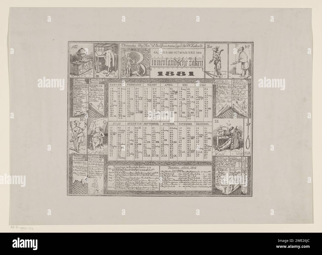 Calendrier du Ministère de l'intérieur, anonyme, d'après Victor de Stuers, 1881 Imprimer Calendrier du Ministère de l'intérieur avec caricatures de la structure du département. De gauche à droite ci-dessous dans l'image : Affaires générales et compatibilité, l'administration intérieure, arts et sciences, la police médicale, la milice, éducation, secrétaire et expédition et les sceaux et enregistrement. Calendrier papier des pays-Bas, almanach Banque D'Images