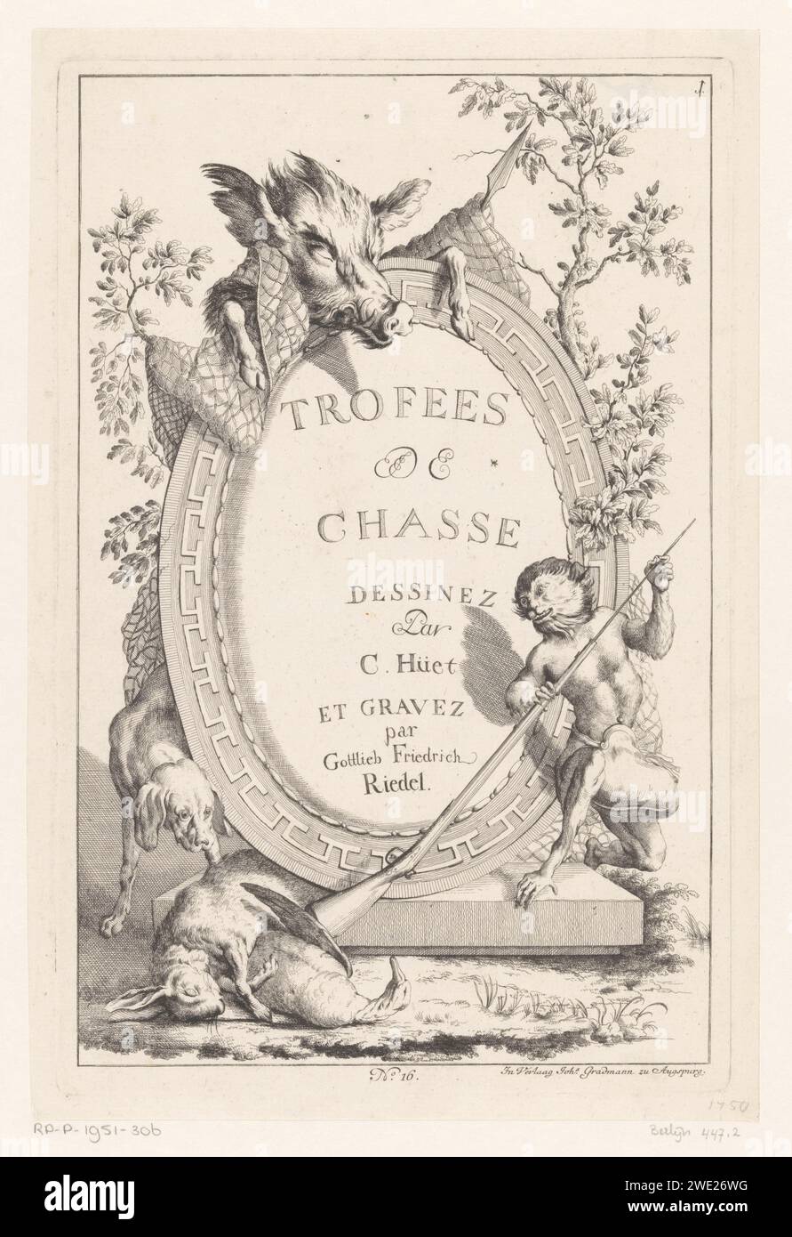 CARTOCHING MET AAP A JUSTBUIT, MICHECIATE FRIENDRICH ROENEL ROATH, d'après Christophe, 1734 - 1784 impression autour d'un cartouche avec le titre de la série un sanglier, un chien, un lièvre et un canard et un singe habillé avec un pistolet à droite. Numéro de publication 16. Augsburg gravure papier ornement / gravure  cartouche. singes, singes. butin de la chasse, gibier, venaison Banque D'Images