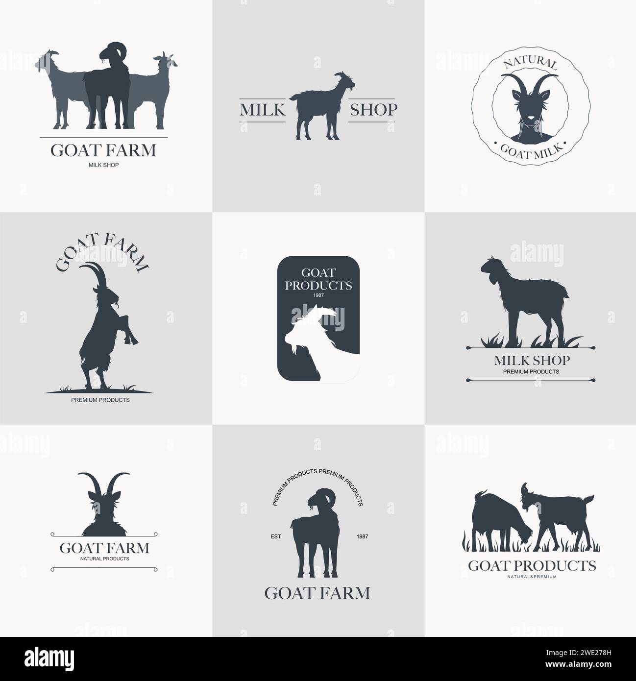 Logo des produits laitiers de chèvre. Yogourt au fromage au lait, produits laitiers entiers biologiques frais dans des récipients en carton, icônes laitières pour la conception d'emballages. Vecteur Illustration de Vecteur