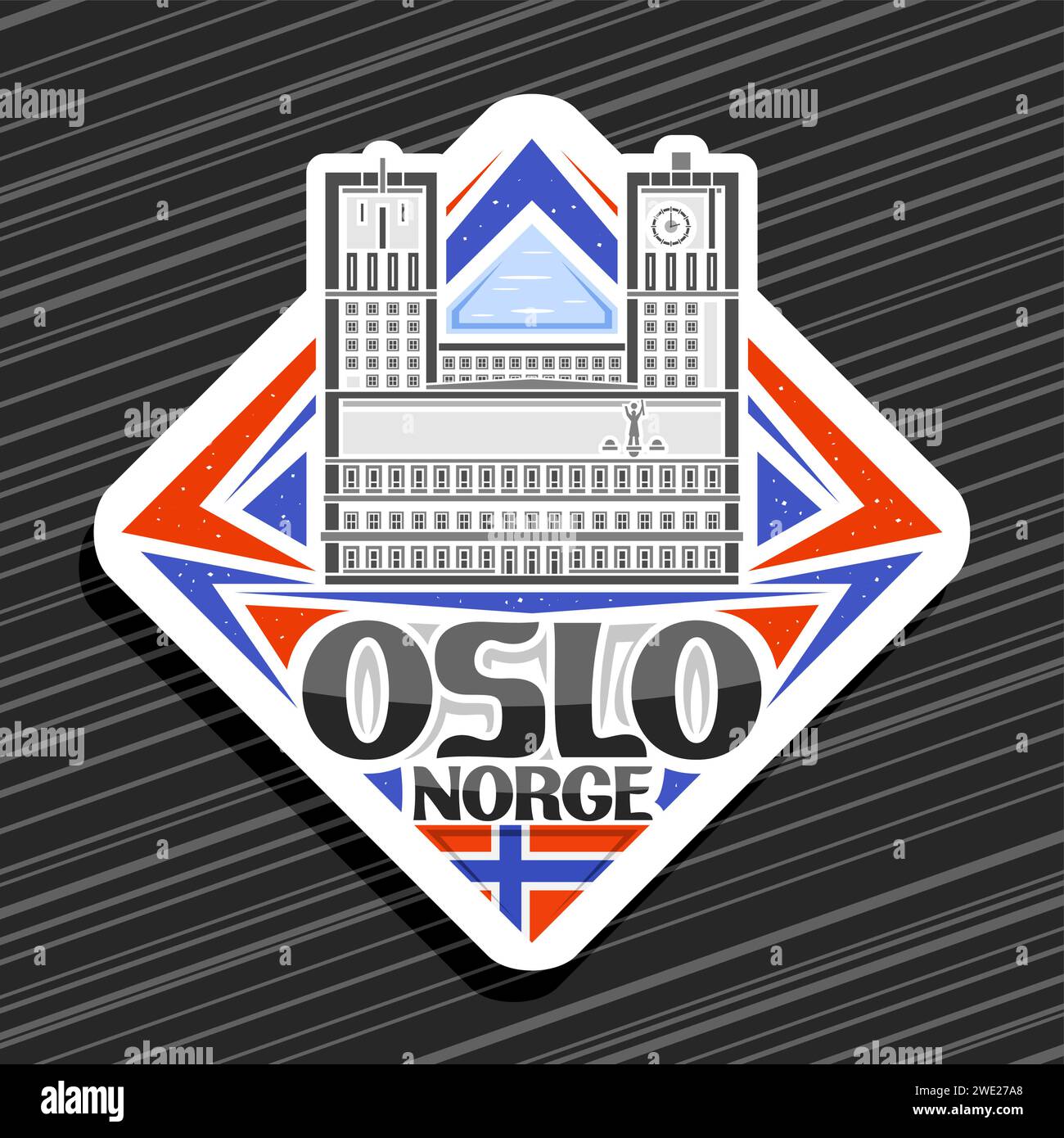 Logo vectoriel pour Oslo, panneau routier de losange blanc avec illustration de ligne de la célèbre mairie d'oslo sur fond de ciel de jour, aimant décoratif de réfrigérateur wi Illustration de Vecteur