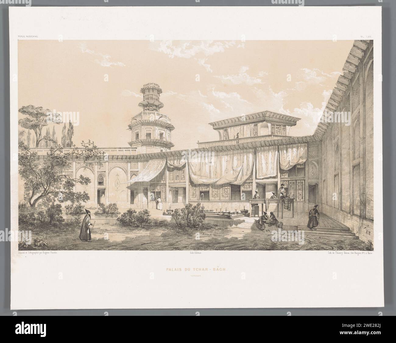 Palais Char Bagh à Ispahan, Eugene Flandin, 1843 - 1854 imprimer au-dessus de l'image le titre de la série, en haut à droite la plaque numéro 'PL. LVII'. Palais du papier de Paris. Cour intérieure du palais ou 'Hôtel' Ispahan Banque D'Images