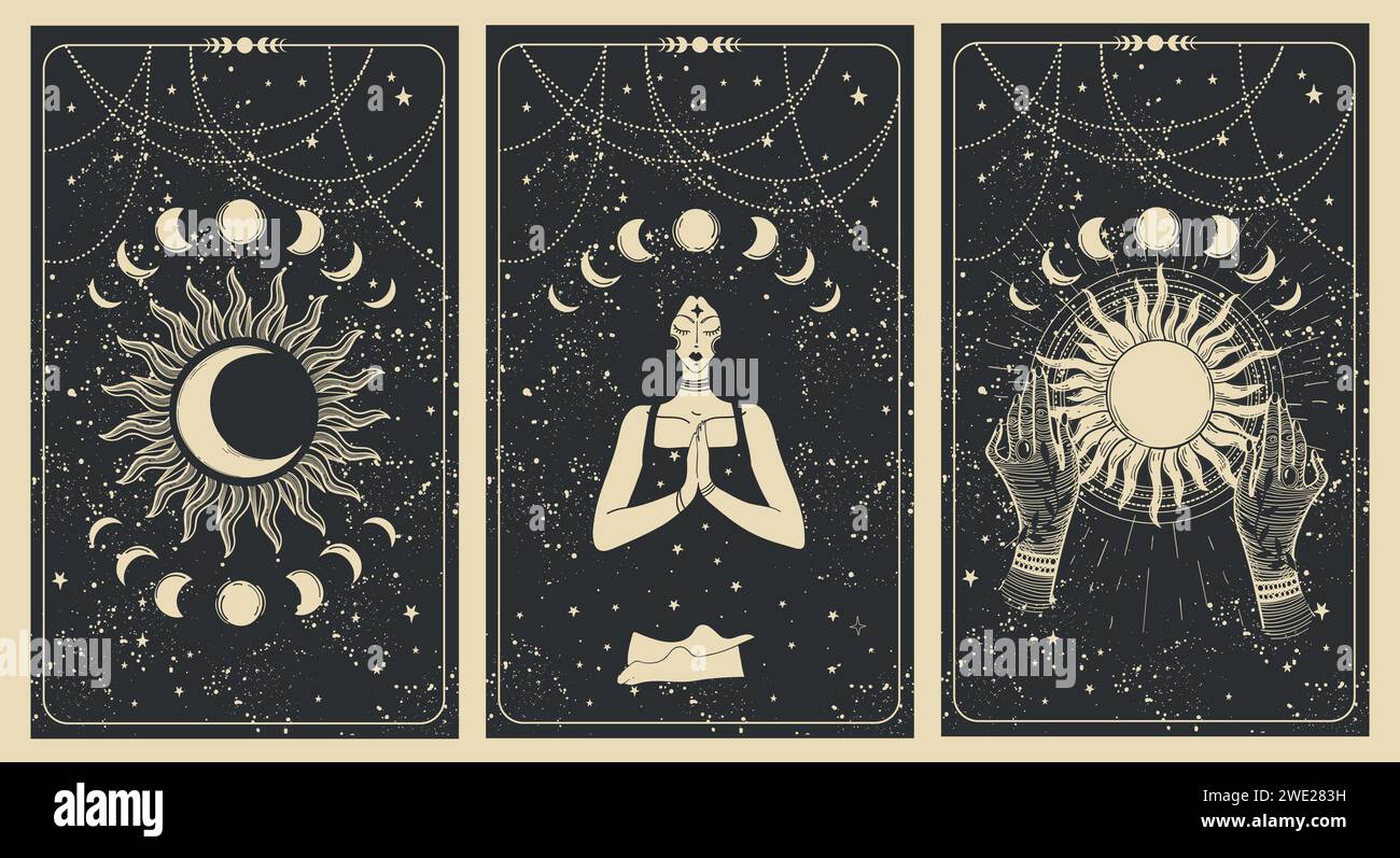 Bannière magique avec soleil, lune et femme méditante, ensemble de cartes de tarot, fond Boho céleste pour l'astrologie, récit de fortune. Vecteur plat dessiné à la main Illustration de Vecteur
