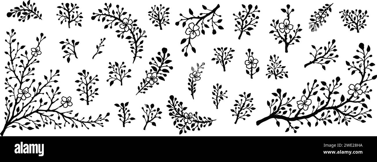 Ensemble de branches silhouette à fleurs printanières. Icônes minimalistes de plantes à fleurs dessinées à la main en noir et blanc. Élément de conception moderne minimal pour les cartes de vœux, Illustration de Vecteur