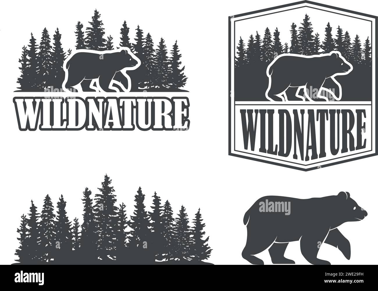 Ours grizzli dans la forêt, les bois, la nature sauvage, insignes d'animaux, emblèmes Illustration de Vecteur