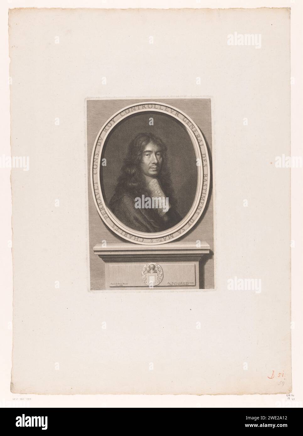Portret van Charles Perrault, Etienne Baudet, d'après Charles le Brun, 1675 gravures sur papier gravant des personnages historiques. portrait d'un écrivain. roulement armorial, héraldique Banque D'Images