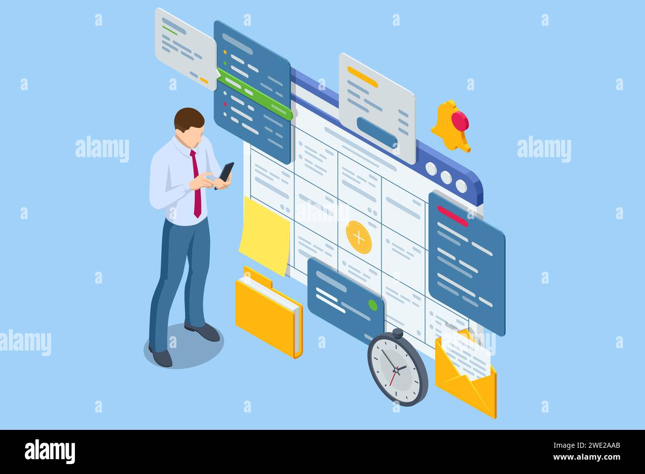 Système isométrique de gestion de projet d'affaires. Chef de projet mettant à jour les tâches et les jalons planification de l'avancement. Calendrier numérique. Illustration de Vecteur