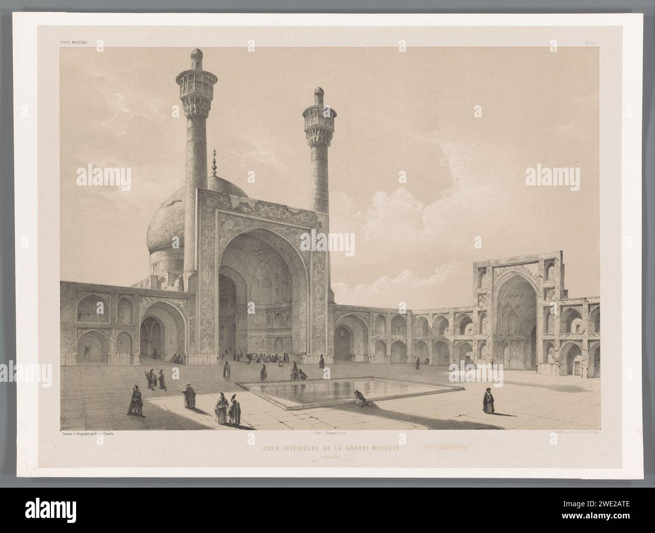 Binnenplein de la mosquée du vendredi d'Ispahan, Eugène Flandin, 1843 - 1854 impression au-dessus de l'image la plaque numéro 'PL. LVI', en haut à gauche le titre de la série. Papier de Paris. temple, sanctuaire  Islam, Mohammedanism. Courtyard Isfahan Banque D'Images