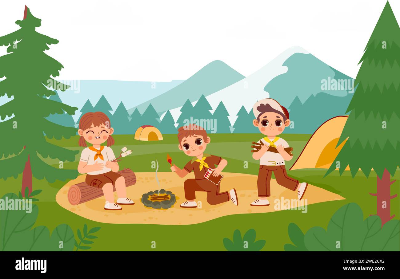 Scout Kids par Bonfire. Enfants en uniforme grillant des guimauves à l'extérieur dans la forêt. Garçon transportant du bois de chauffage et des allumettes Illustration de Vecteur