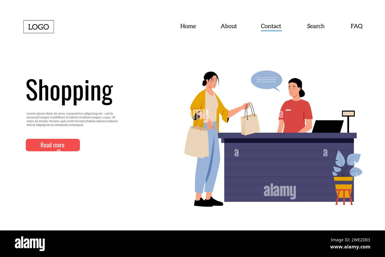 Page d'accueil de la boutique de vêtements. Femme achetant des choses à la boutique. Le client paie son achat lors de l'achat de son sac Illustration de Vecteur